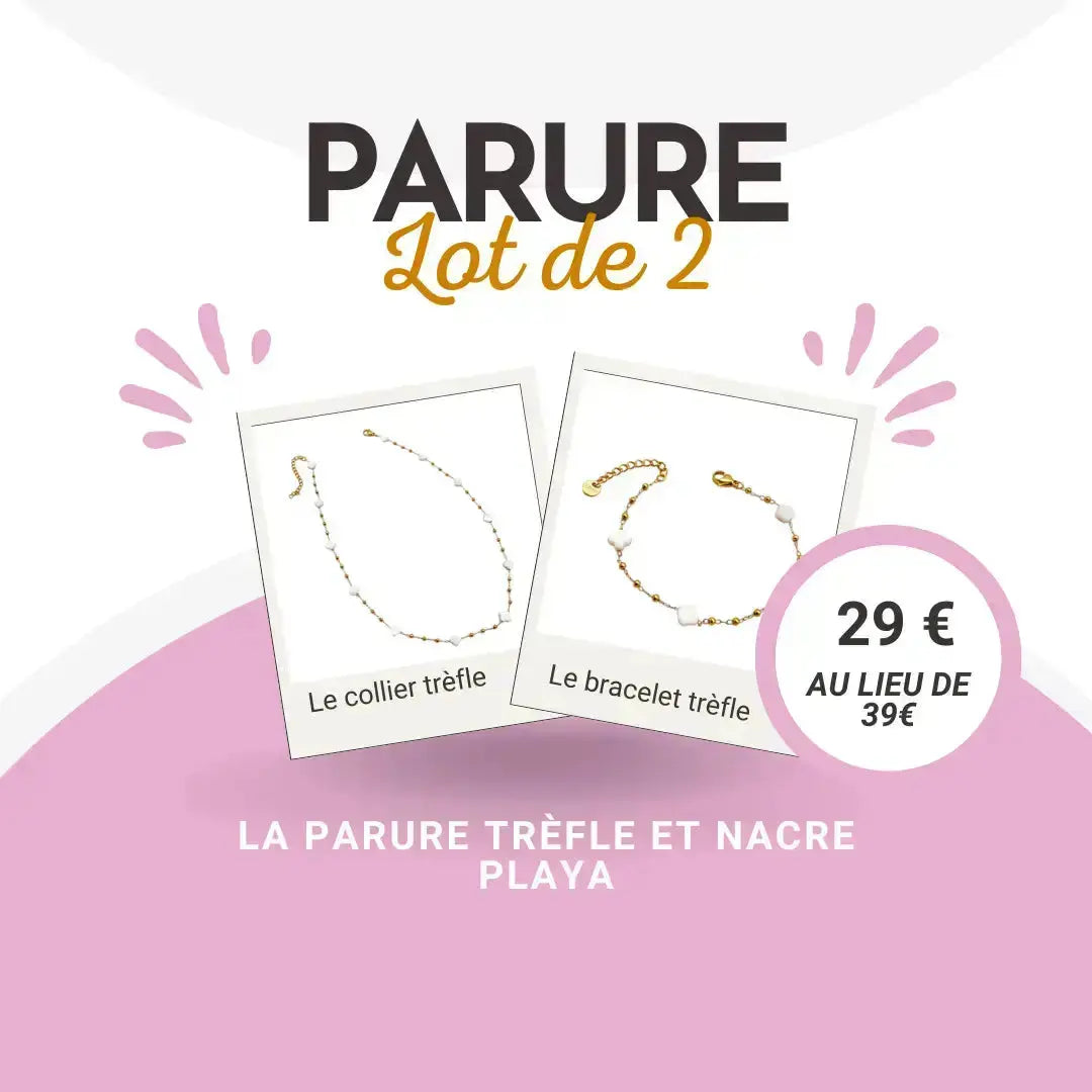 Parure playa collier et bracelet trefle et nacre lot
