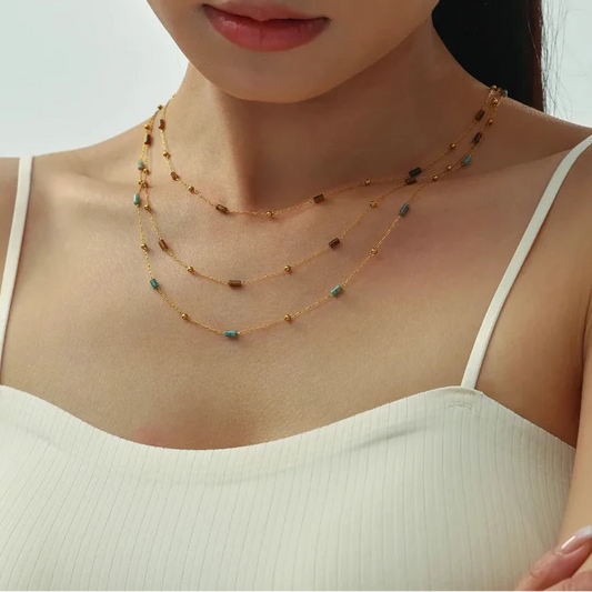 Collier layering acier inoxydable doré pierres naturelles