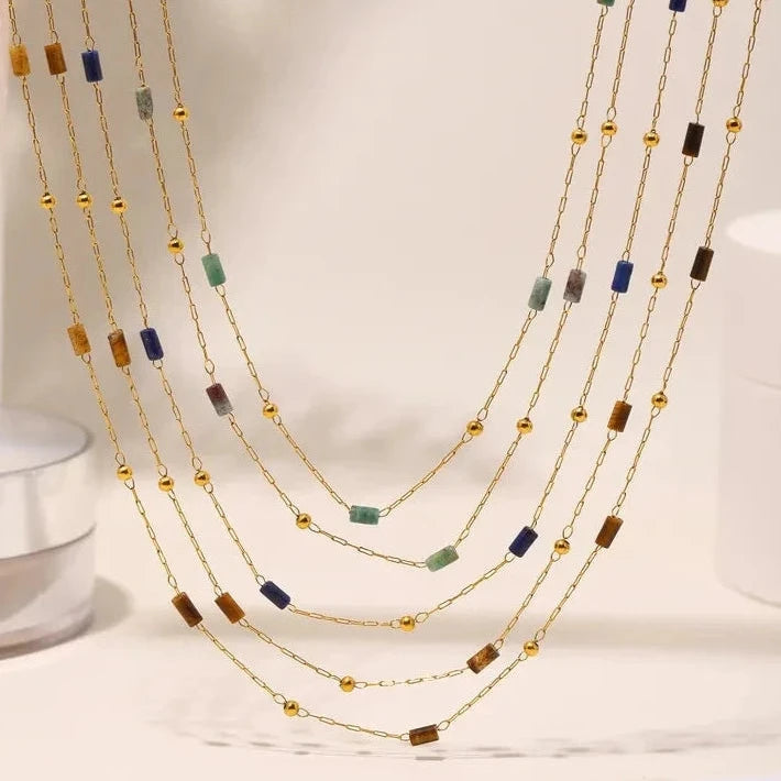 Collier femme acier inoxydable doré léger pierres naturelles couleur