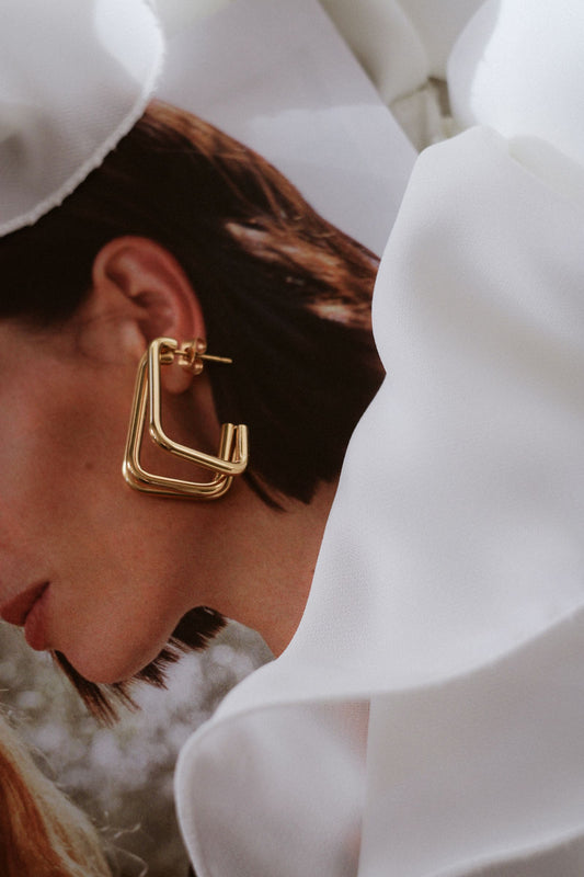 Boucle d'oreille géométrique dorée portée en gros plan, illustrant le choix adapté à un visage carré