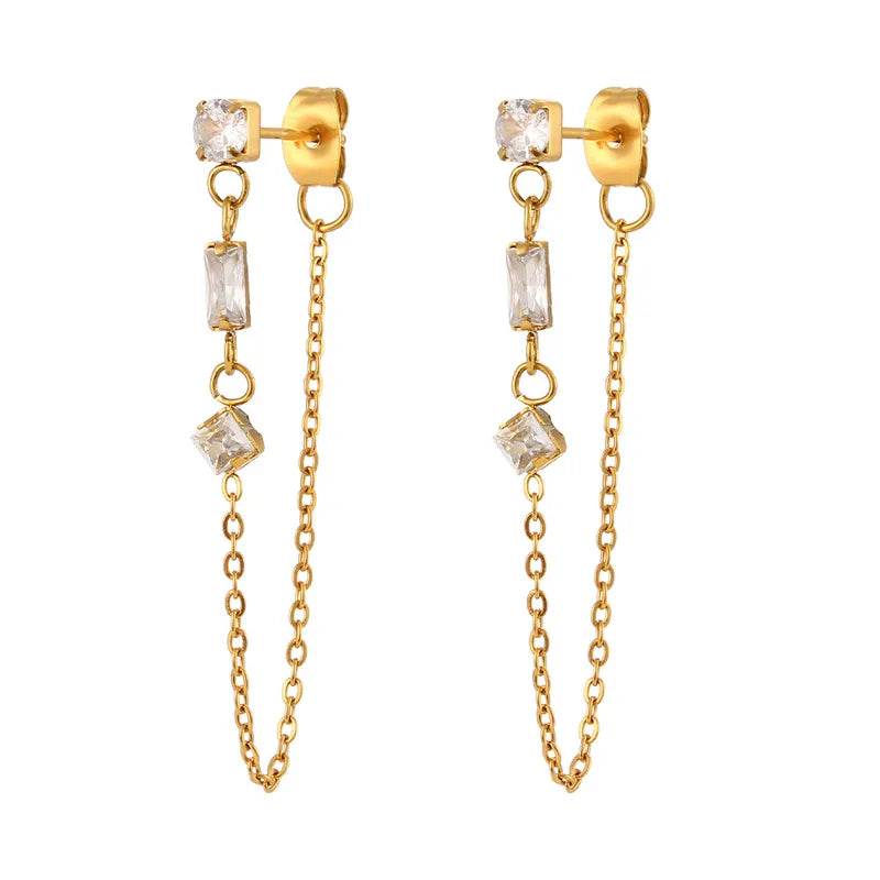 Boucles d'oreilles pendantes femme  (45 mm) avec zircons  Chaînette accrochée au fermoir.