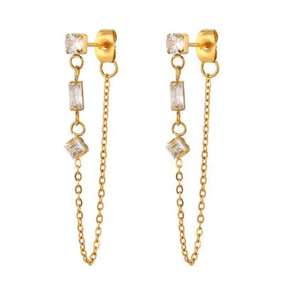 Boucles d'oreilles pendantes femme  (45 mm) avec zircons  Chaînette accrochée au fermoir.