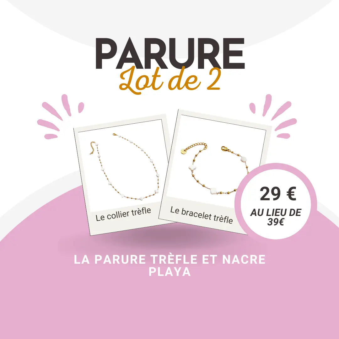 Parure playa collier et bracelet trefle et nacre lot 