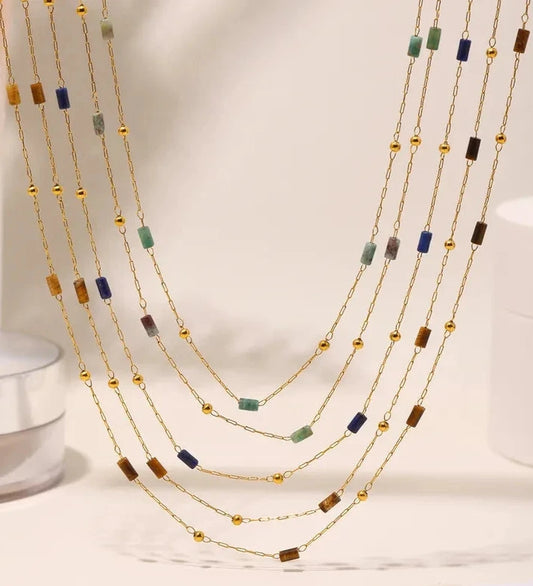 Collier femme acier inoxydable doré léger pierres naturelles couleur