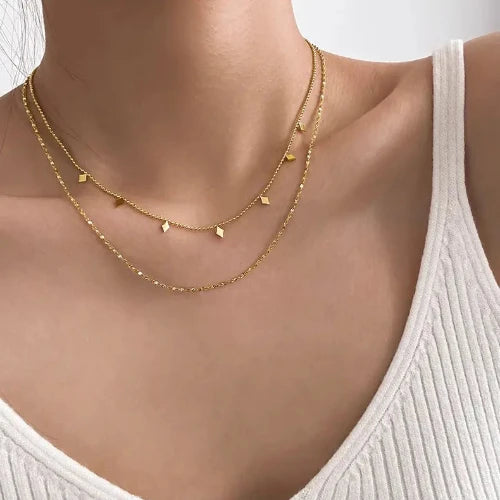 Collier femme double chaîne losanges argenté